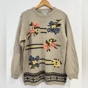 Alfred Dunner Vintage Floral Embroidered Knit Sweater M Cozy Cottagecore